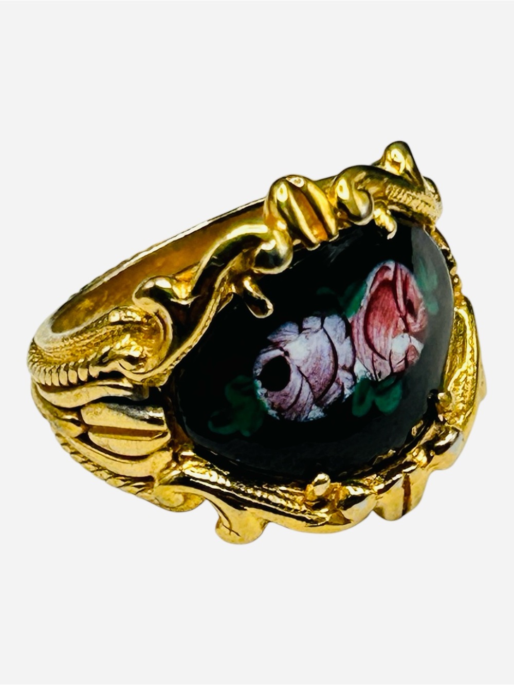 Vintage Enamel Cabbage Rose Gold Tone Ring
